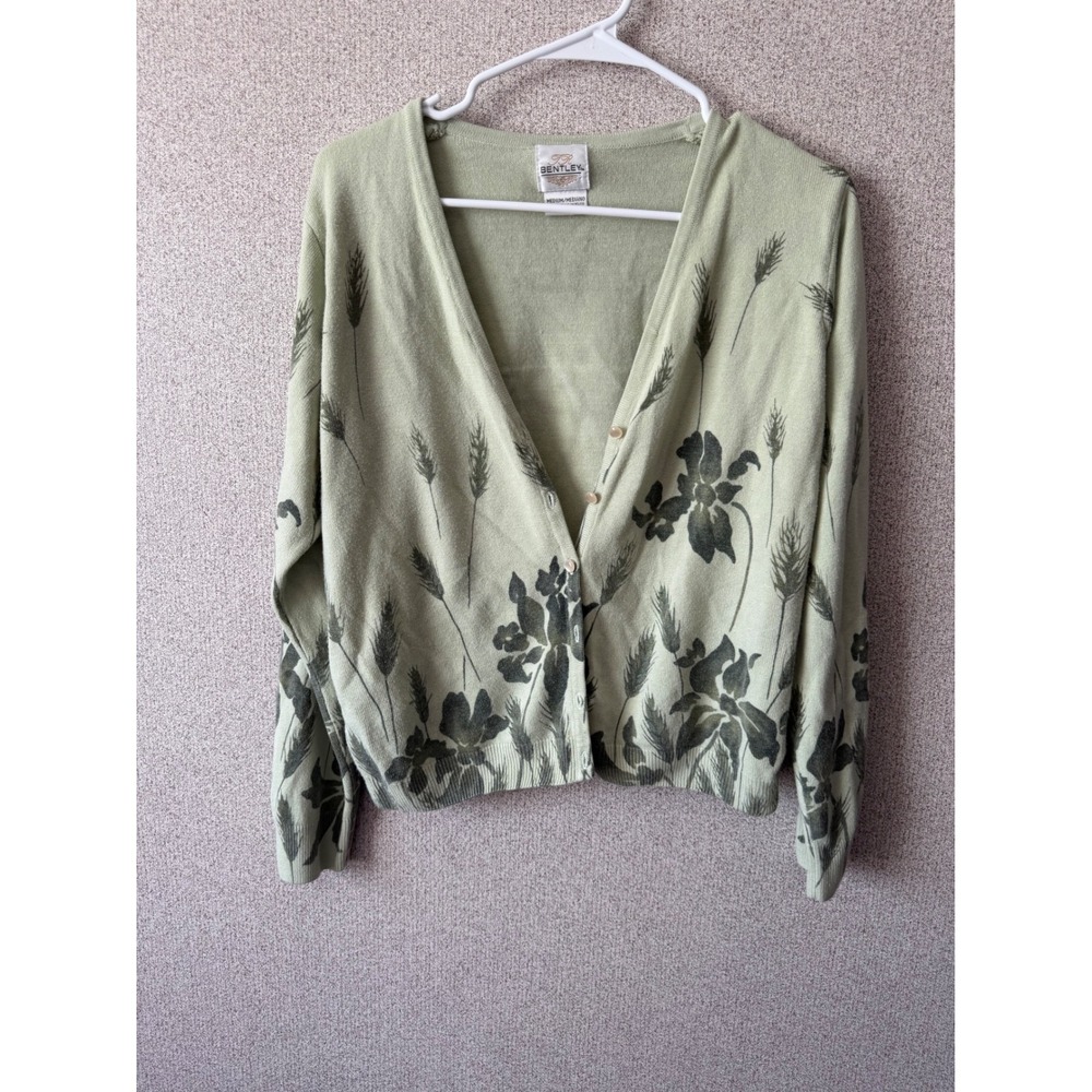 TR Bentley Sage Green Floral Wheat Print V-Neck Cardigan‎ Sweater Medium